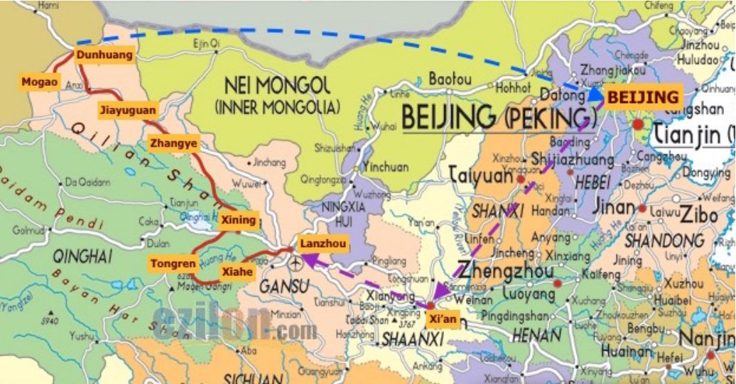 mappa tour sulla Via della Seta in Cina da Pechino a Dunhuang e le grotte di Mogao