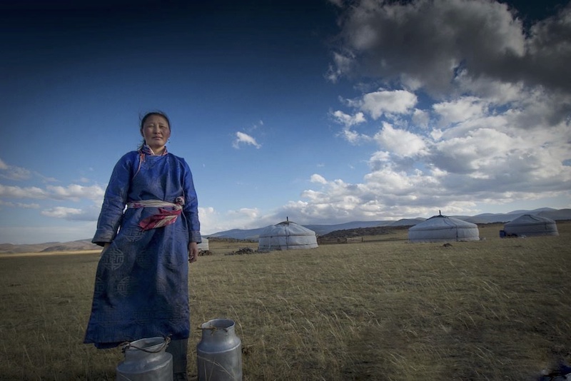Giovane donna nomade si appresta a mungere vicino alle sue ger nella steppa della Mongolia
