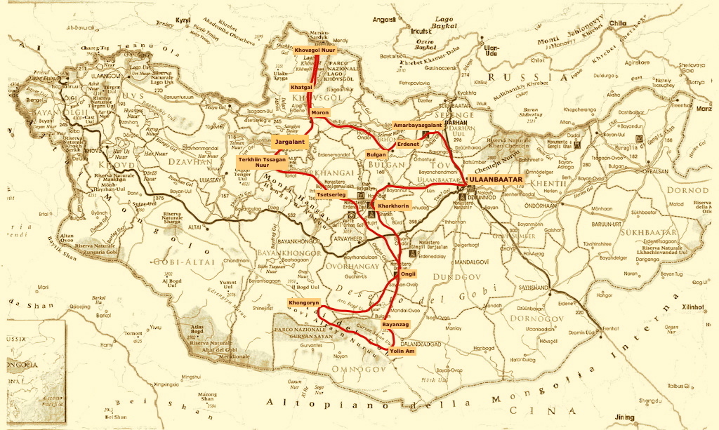 mappa del tour Mongolia Nord e Sud classic in Toyota Land Cruiser della durata di 15 giorni 