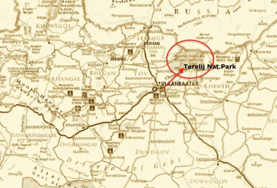 mappa del tour a cavallo nel Parco Nazionale del Terelij situato a 80 chilometri a est da Ulaan Baatar in Mongolia