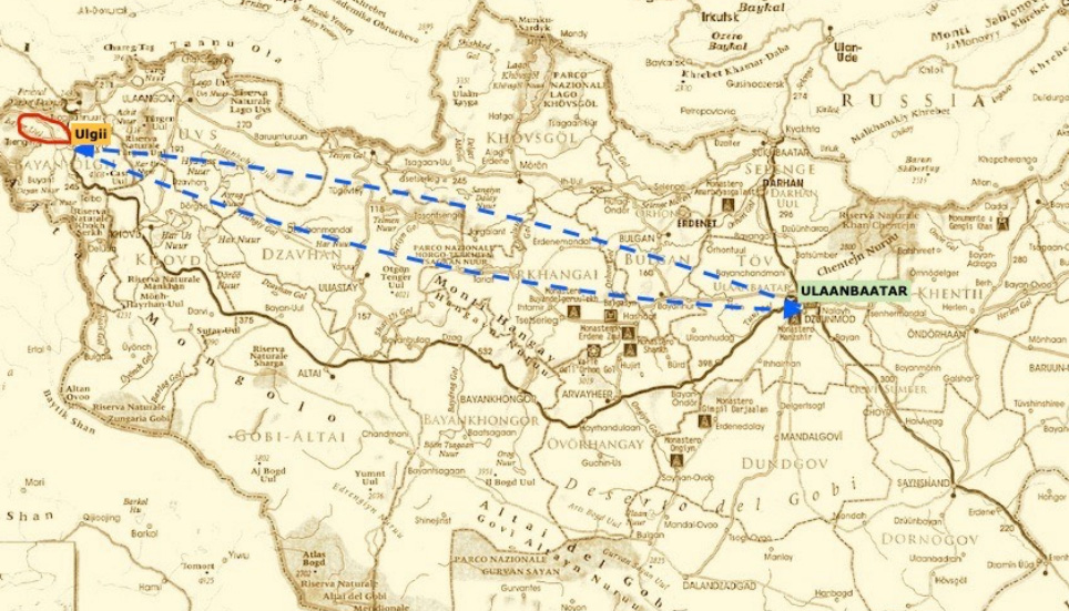 mappa del tour trekking di 6 giorni sui Monti Altai tra ghiacciai e cacciatori con le aquile in Mongolia