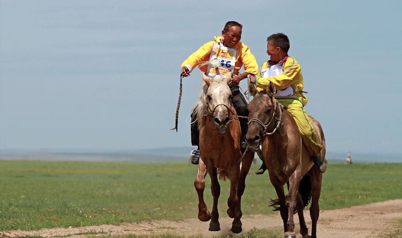 Bambini a cavallo partecipano alle gare di velocità  durante il Festival del Naadam in Mongolia